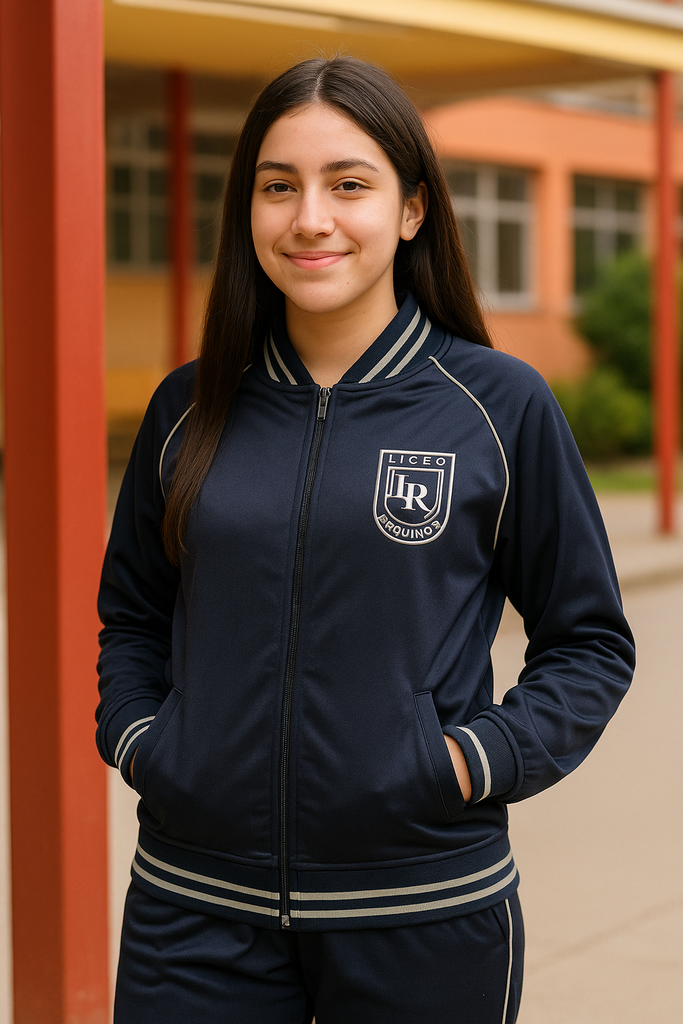 Alumna con chaqueta escolar azul marino con insignia bordada