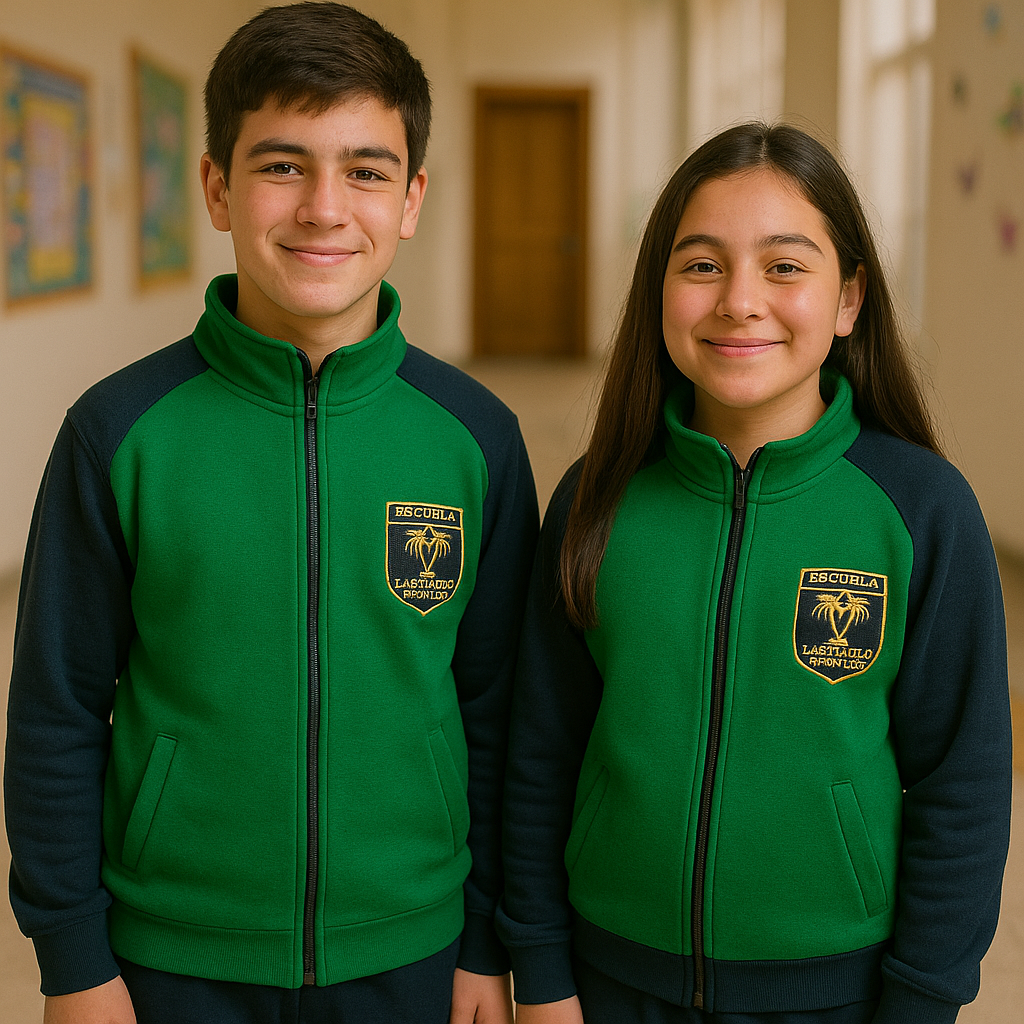 Alumnos con buzo escolar verde con insignia del colegio