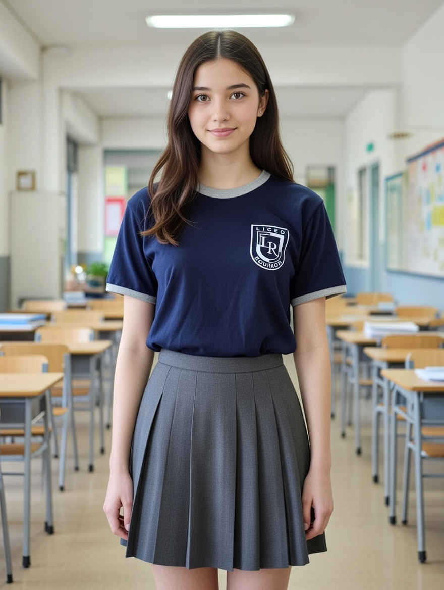 Alumna con polera y falda escolar en la sala de clases